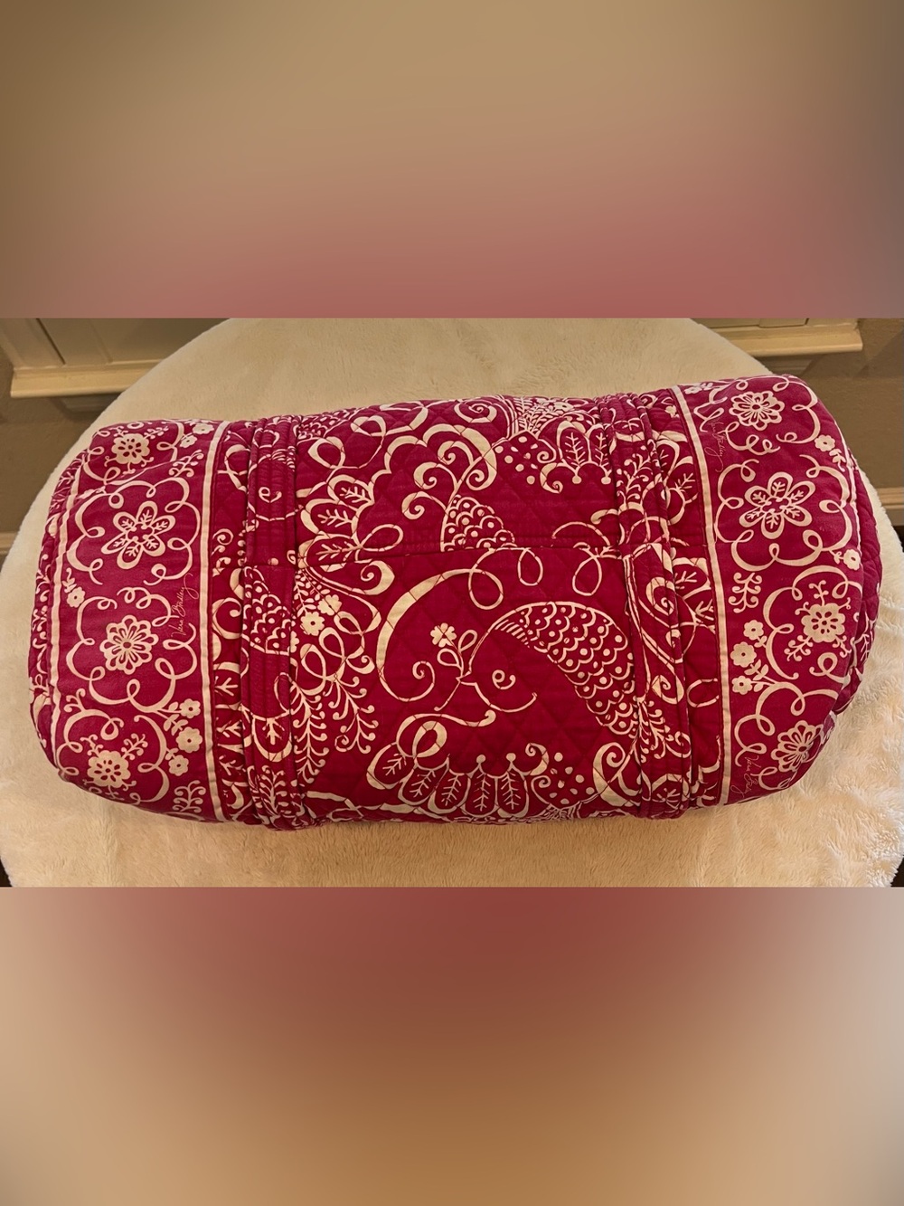 Vera Bradley RETIRED Twirly Birds Pink White Quilted Travel Duffel Bag Medium - Picture 7 of 11